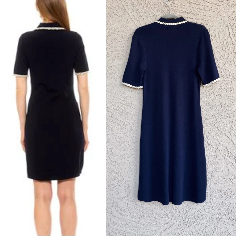 ALEXIA ADMOR Navy Knit Piper Dress w/ Pearl Buttons Embroidered Collar & Pockets - Picture 7 of 13